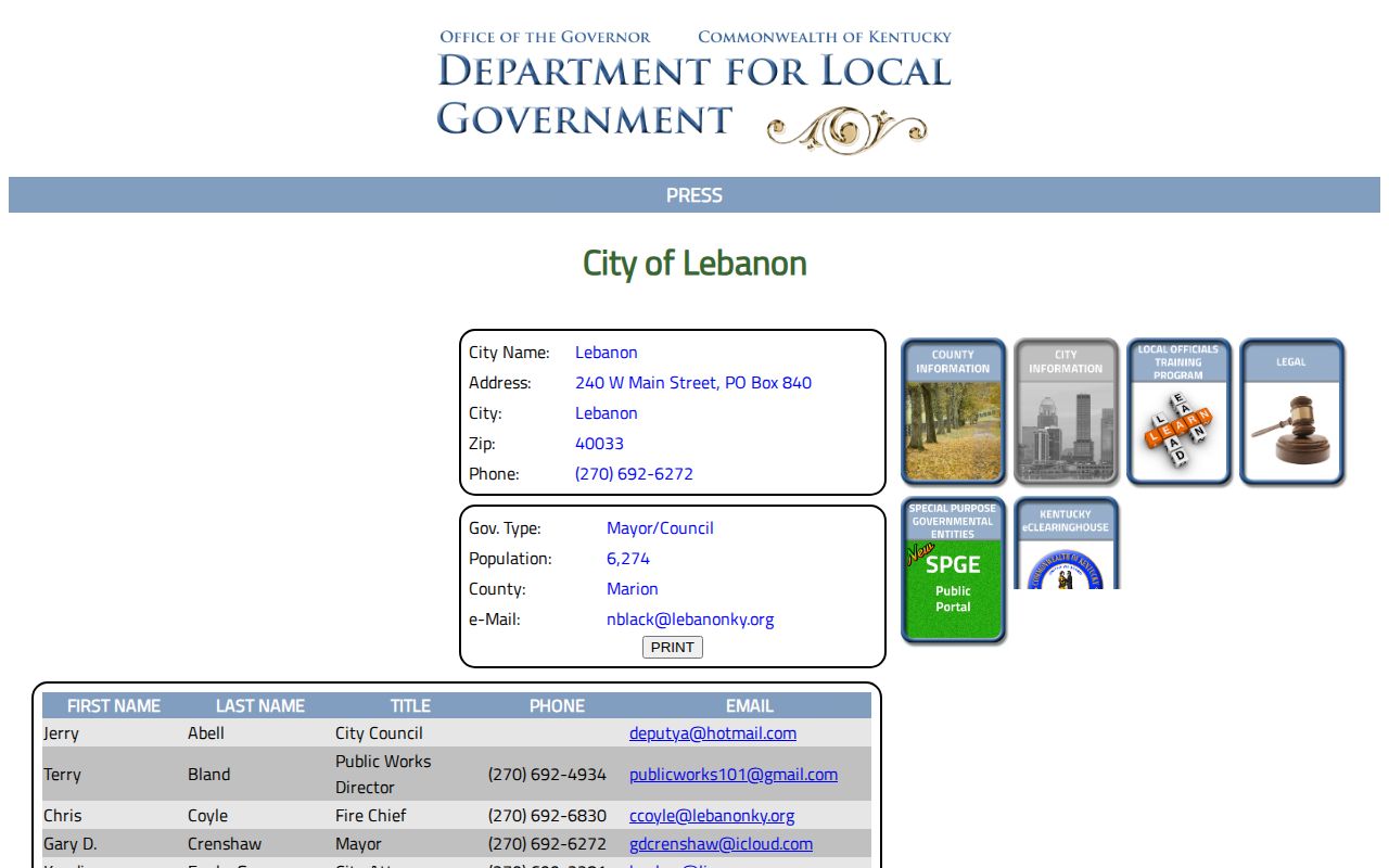Kentucky DLG Lebanon profile with police contact information