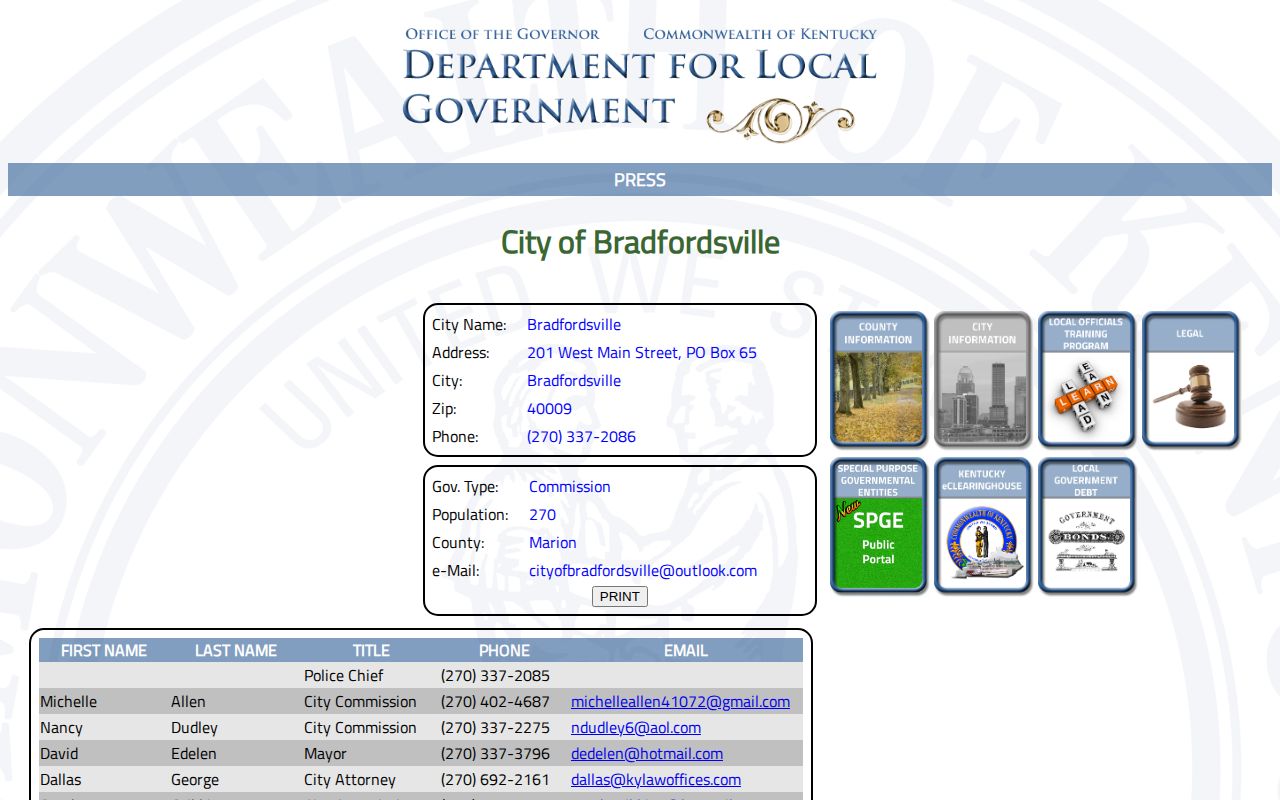 Kentucky DLG Bradfordsville profile with police contact information