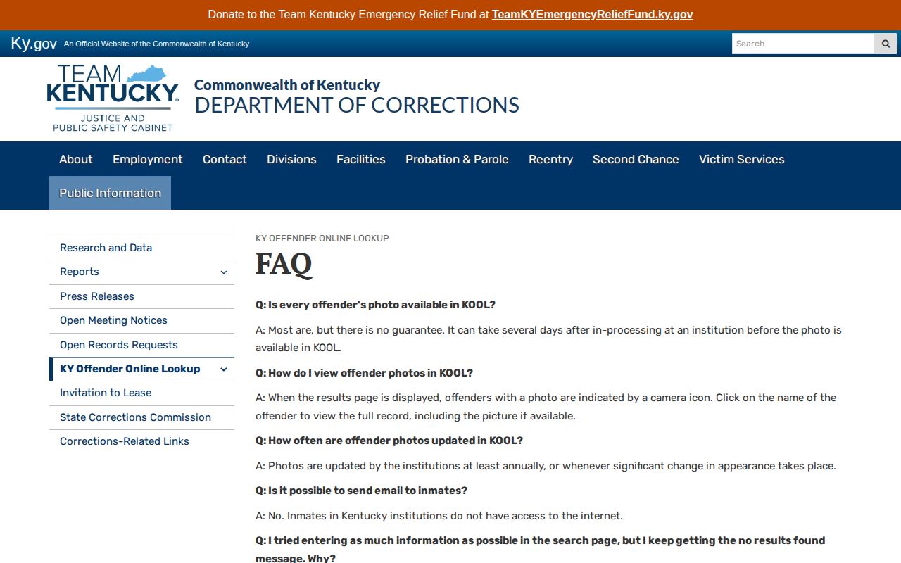Kentucky DOC KOOL official frequently asked questions page