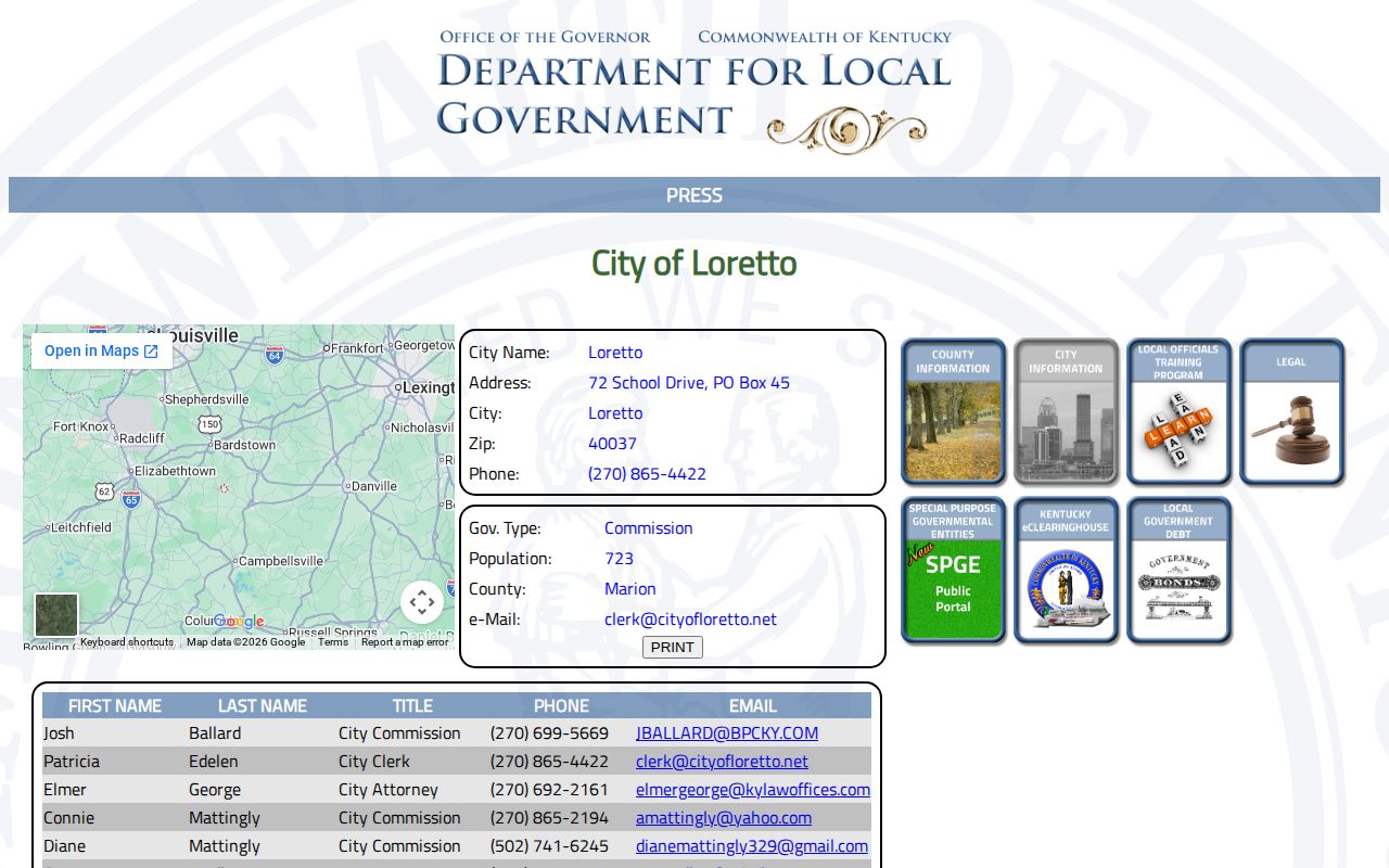 Kentucky DLG Loretto profile with city contact information