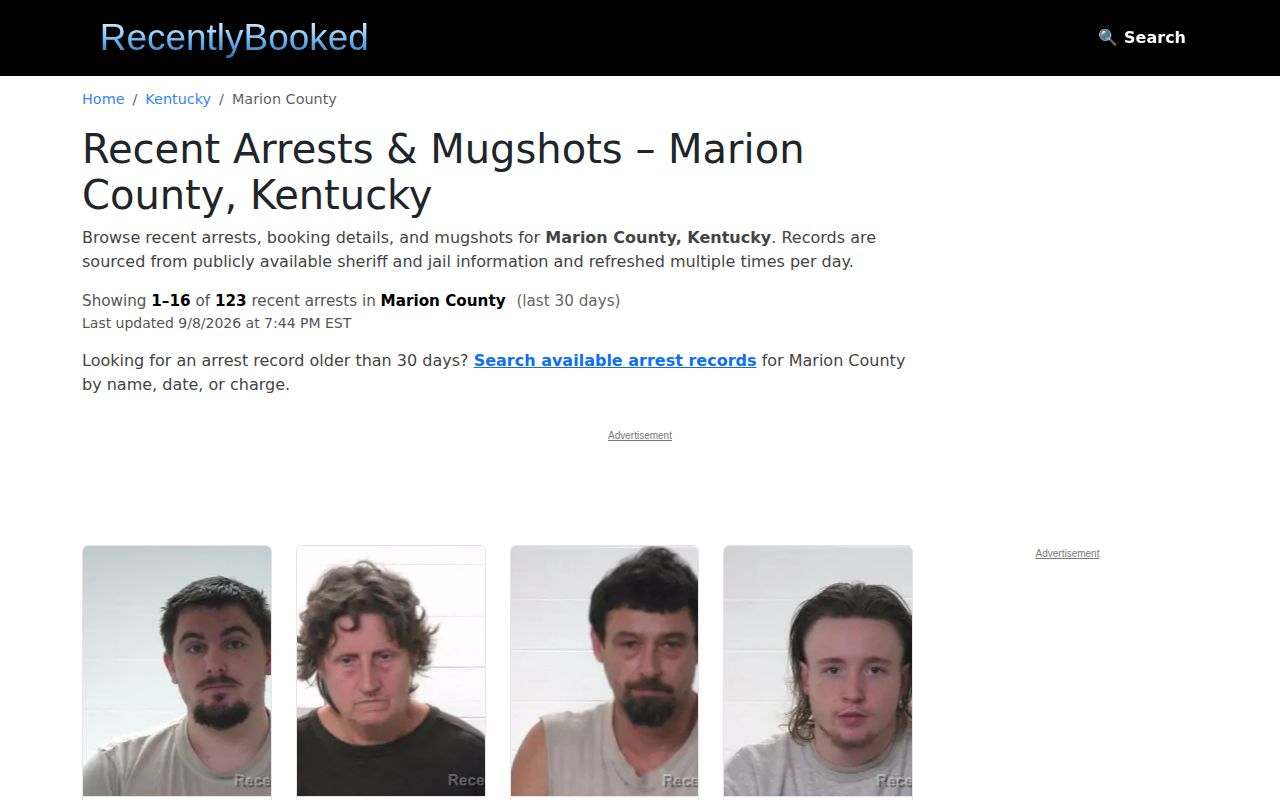 RecentlyBooked Marion County secondary arrest page interface