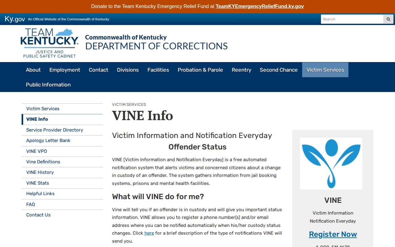 Kentucky VINE information for Marion County custody alerts
