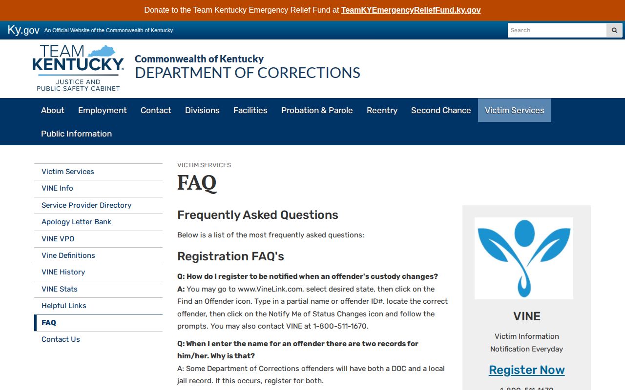Kentucky VINE FAQ for Marion County arrest and custody notifications